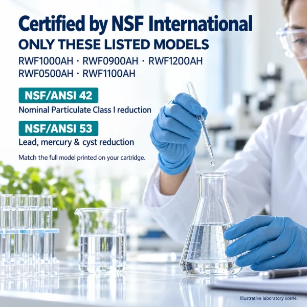 NSF International 42 and 53 scope for ICEPURE Plus RWF1000AH, RWF0900AH, RWF1200AH, RWF0500AH and RWF1100AH; illustrative water-testing scene.