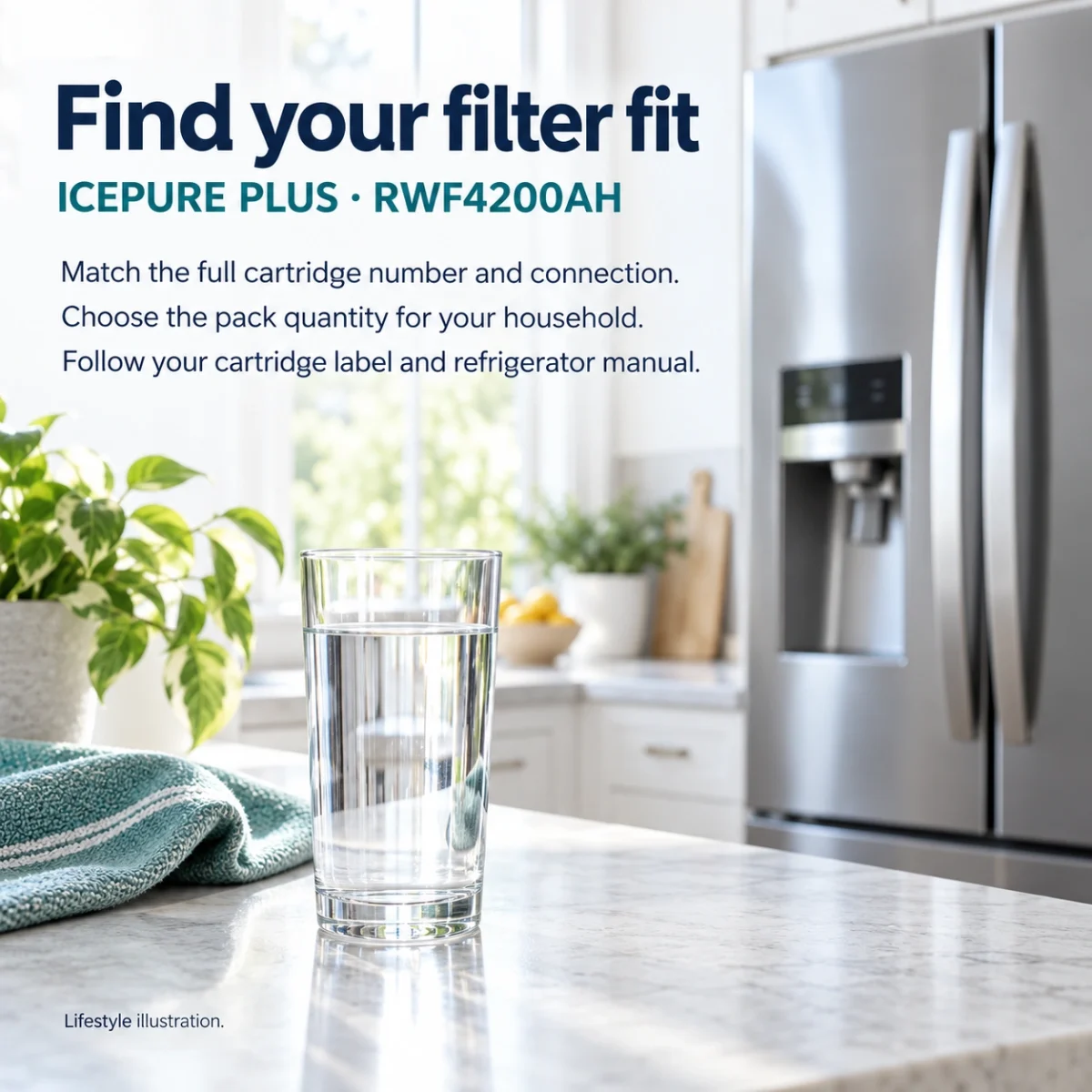 ICEPURE Plus RWF4200AH filter-fit guidance lifestyle illustration with a glass of water in a kitchen.